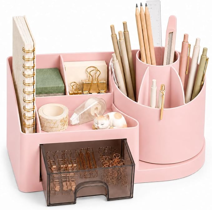 Qomamount Desk Organizer with Drawer,Office Supplies Organizer and Pen Holder for Desk,Modern Desktop Stationery Storage Box for Home Office,School,Study Room and Vanity(Pink)
