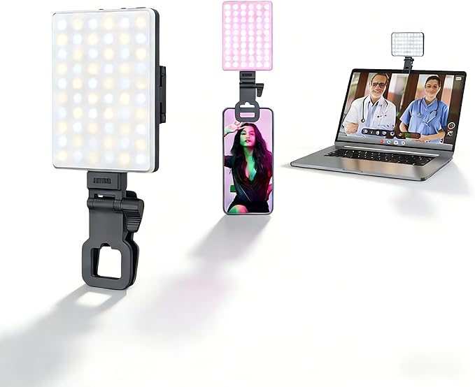 Selfie Light for iPhone-Camera Light for Content Creator-Portable Light-Clip on Light with 3 Mode&10 Brightness Level, Ring Light for Phone TikTok-Makeup-Video Recording-Vlog-Laptop Black