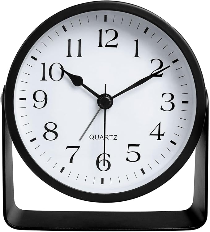 Desk Alarm Clock, Silent Non-Ticking Battery Operated Analog, Black | On-Demand Night Soft Light, 360° Rotatable, Metal Frame, for Bedroom Bedside, Shelf, Mantel, Office Desk, Travel