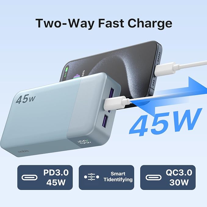 NOBIS Portable Charger, 20000mAh Power Bank, 45W Power Bank Fast Charging, Battery Pack with C to C Cable, Battery Bank with Digital Display for iPhone Android Laptop et(Light Blue)