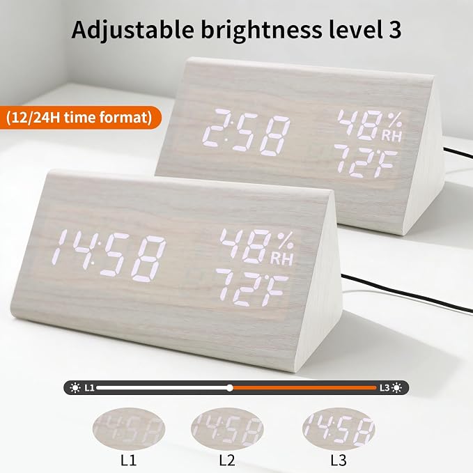 Wooden Digital Alarm Clocks for Bedrooms - Electric Desk Clock with Large Numbers, USB Port, Loud Alarm for Heavy Sleepers, Adjustable Volume, Dimmer, Snooze, DST, Wood Décor, Adapter Powered