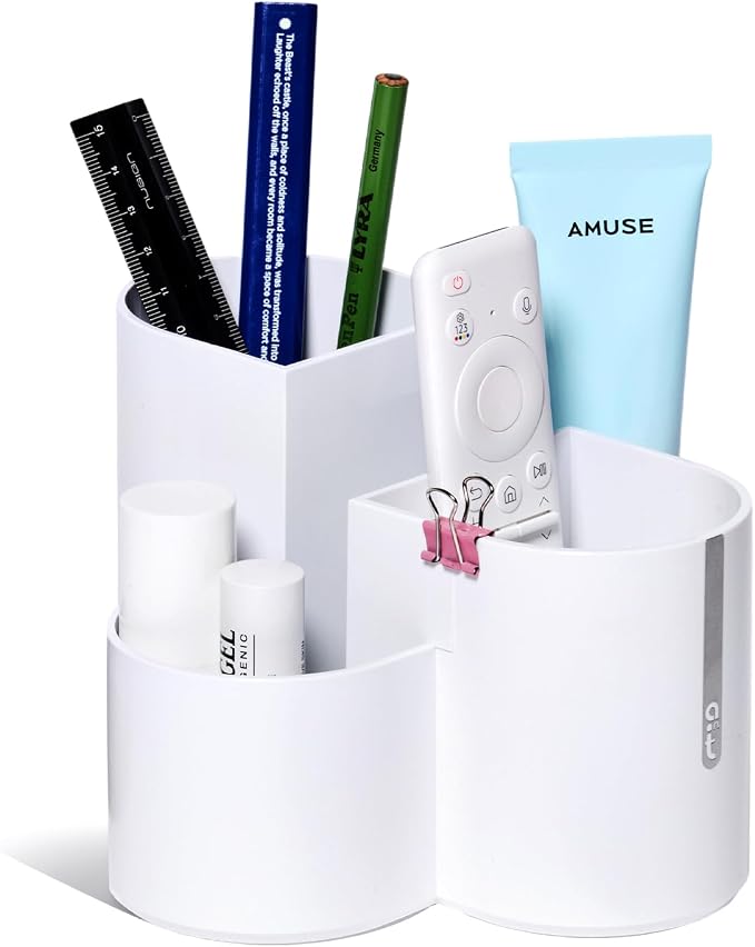 Aesthetic Desk Organizer [Arctic White] - Multi-Compartment Pen Holder & Remote Control Caddy, Modern Vanity Makeup Brush Organizer, Premium Stationery Storage (Made In Korea)