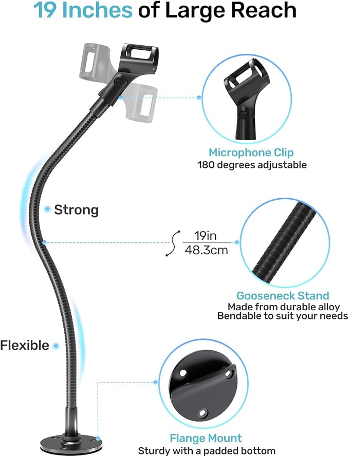 19-inch Gooseneck Microphone Holder Stand, Desktop & Wall Mounted, Heavy Duty Flexible Microphone Arm Stand with Flange Mount Base, Ideal for Podium, Studio, Lecture, Podcast, Gaming, Streaming