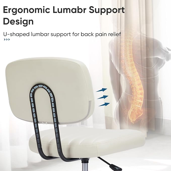 DUMOS Small Office Desk Chair, Armless Vanity Chair with Lumbar Support | PU Leather, 360° Rolling Task, Height Adjustable, Home Bedroom, Adult, Student, Beige White