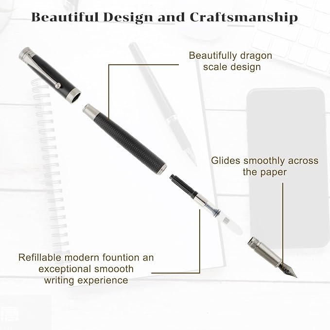 TIESOME Luxury Fountain Pen Set, Metal Fountain Pen with 6 2.6mm Ink Cartridges Smooth Writing Calligraphy Pens for Journaling Gift Office Business (0.5mm fine point)