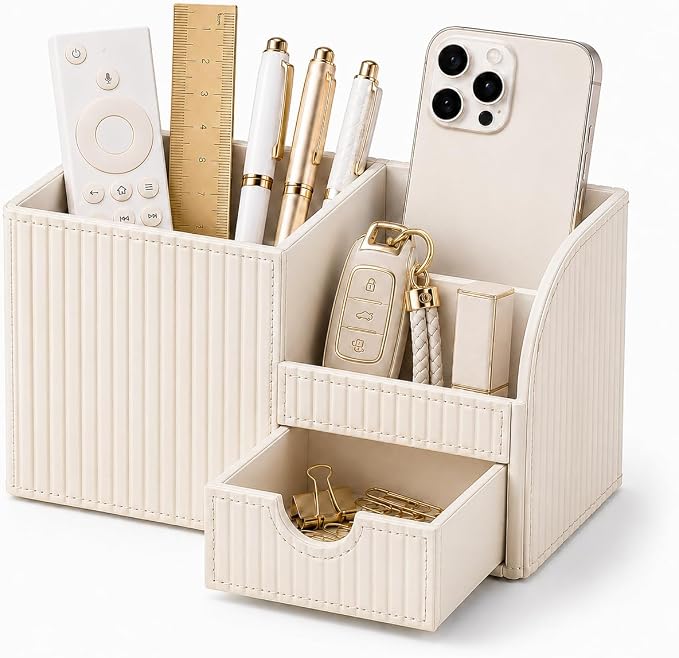 Luxury PU Leather Desk Organizer with Drawer, Modern Aesthetic Office Desk Accessories for Women, Multi-Compartment Pen Holder & Desktop Storage Organizer for Home Office, Cream White