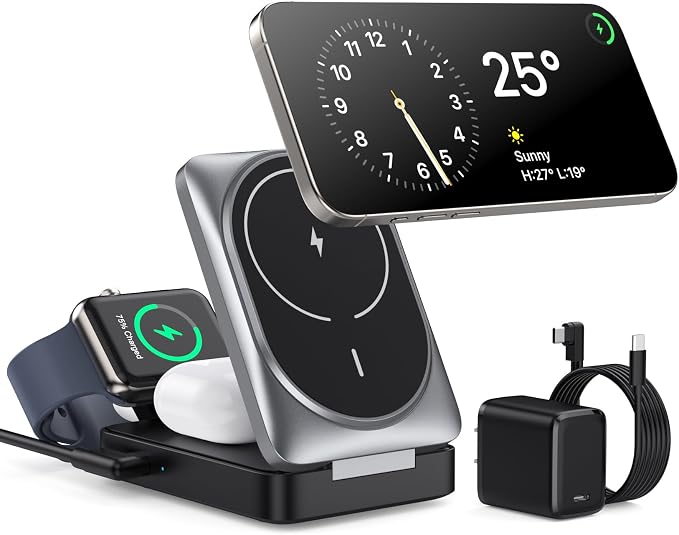 3 in 1 Wireless Charger Charging Station for iPhone,Travel Foldable Magnetic 15W Fast Wireless Charger Stand for Mag-Safe with 30W USB C Adapter for iPhone 17/16/15/14/13/12,Apple Watch,AirPods