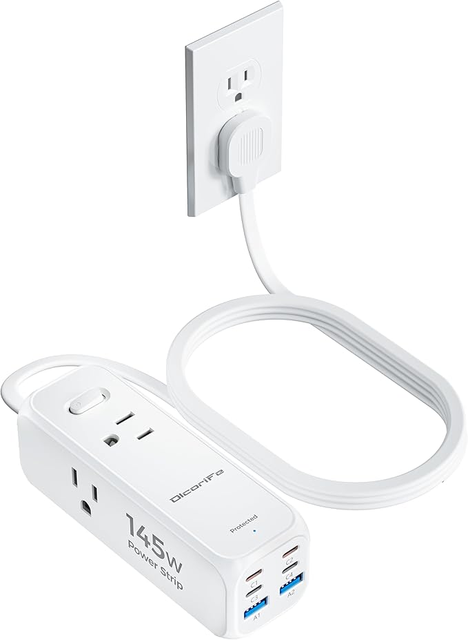 Olcorife 145W USB Power Strip, 5FT Flat Plug Extension Cord with 3 AC Outlets 6 USB Ports(4 USB C&2 USB A), 3 Sided Outlet Extender for Home Office Travel Dorm Room Essentials, White