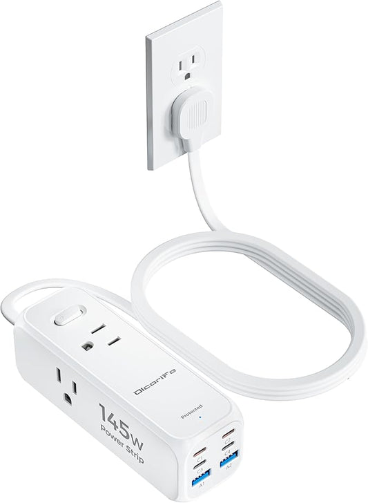Olcorife 145W USB Power Strip, 5FT Flat Plug Extension Cord with 3 AC Outlets 6 USB Ports(4 USB C&2 USB A), 3 Sided Outlet Extender for Home Office Travel Dorm Room Essentials, White