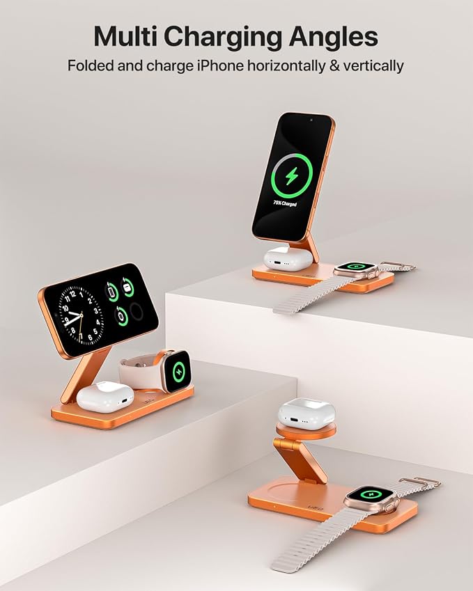 UEQ Foldable 3 in 1 Wireless Charging Station for Apple Mag Safe Charger Stand,Fast Magnetic Wireless Charger Station for iPhone 17 Air 16 15 14 13 12 Series,Airpods Pro,Apple Watch Ultra (Orange)