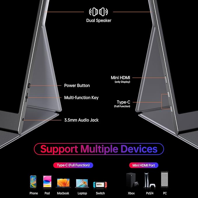 4K Portable Monitor 15.6" 3840x2160 UHD USB-C HDMI Laptop Monitor, 100% RGB IPS Computer Gaming Display HDR Travel Monitor w/Speakers & Smart Cover for Laptop Xbox PS5 Switch PC Phone