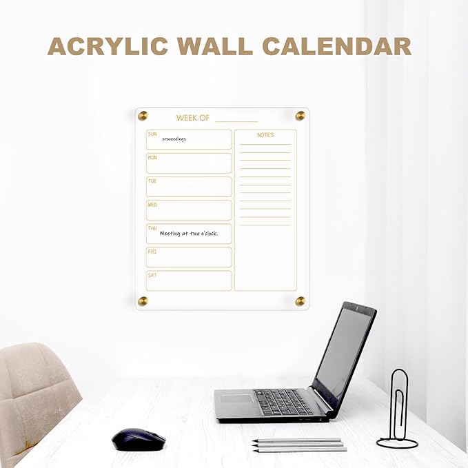 Small Acrylic Calendar for Wall, 12" X 14" Golden Clear Acrylic Wall Calendar, Clear Wet & Dry Erase Board Hanging Frameless Weekly Planner for Office, Home or School, 2 Markers