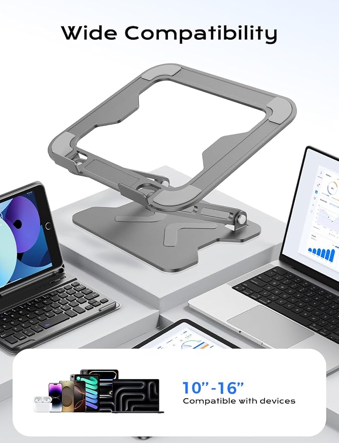JCZT Adjustable Laptop Stand for Desk, Metal Foldable Laptop Riser, Portable Laptop Holder Mount, Ventilated Cooling Computer Notebook Stand for MacBook Air Pro, All 10-16'' Notebooks Laptops Grey