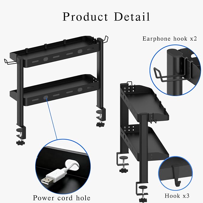 Clamp on Desk Shelf, 17in 2-Tier Office Desk Shelves Organizer, Small Shelf for Top of Desk with Headphone Holder and Hooks, Desktop Storage Rack for Home Workspace, Study Rooms, Gaming Accessories
