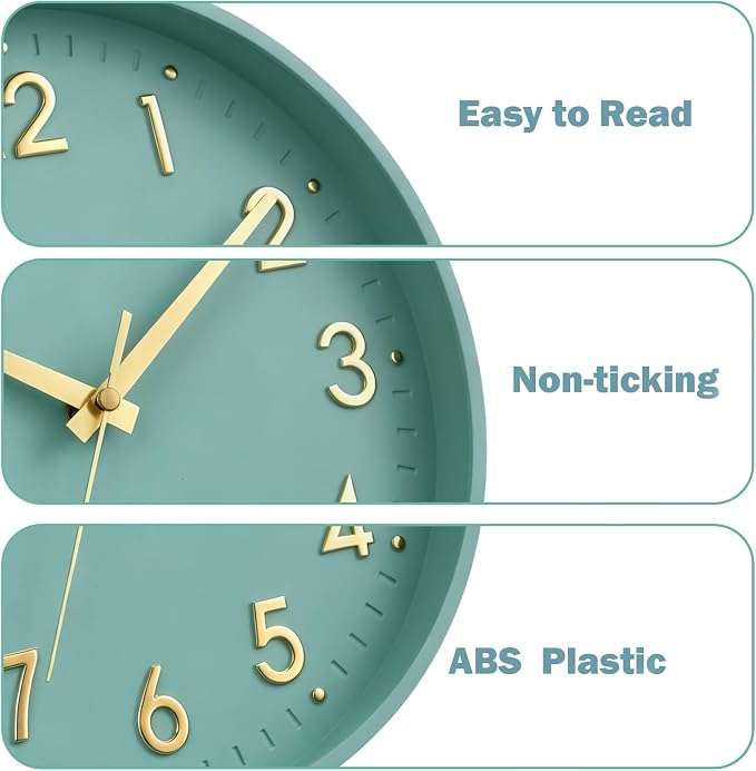 Mosewa Small 8 Inch Wall Clock Battery Operated Silent Non Ticking Analog | Mint Green modern clock; oversized 3D easy-read dial for kitchen, bedroom & office; 1 AA battery (not included)