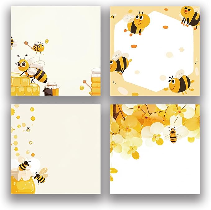 4-Pads 3x3 Sticky Notes, Bee Memo Pads with High-Adhesive, Animal Self-Stick Notes, Reusable & Tearable for Journal Planners Office School Home, Cute Stationery Gift - Bee Honey