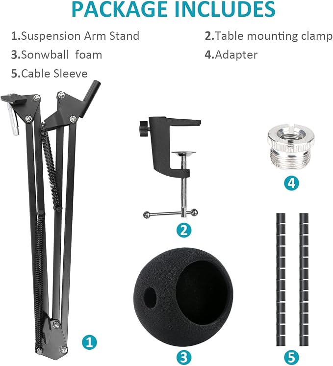 Snowball iCE Mic Boom Arm Stand with Pop Filter, Compatible with Blue Snowball Ice USB Microphone with Cable Sleeve by SUNMON