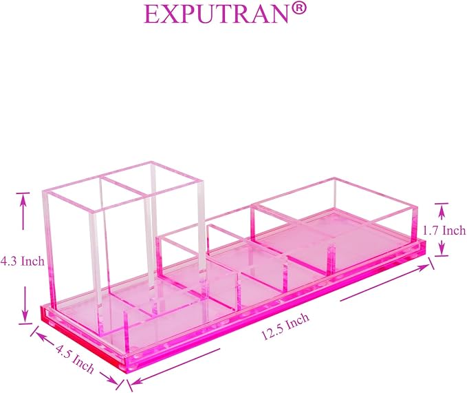 Acrylic Desk Organizer 4-Piece Desk Kit + Free Complimentary Acrylic Ruler, Desktop Organization for Office or Home，Rose Red