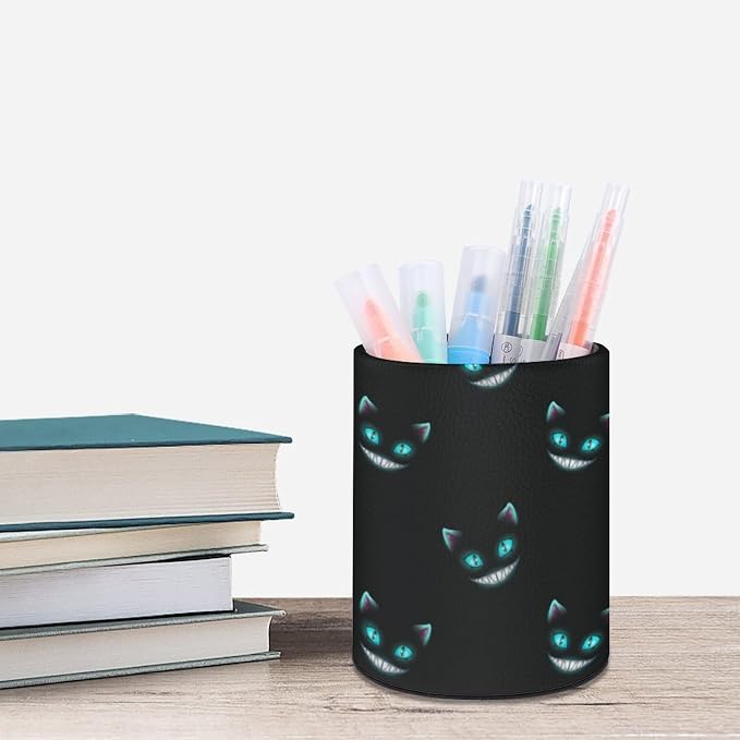 Cute Cat Pen Holder for Desk PU Pencil Cup Organizer | Round Desks Makeup Brush Holder for School Multifunctional Office Supplies