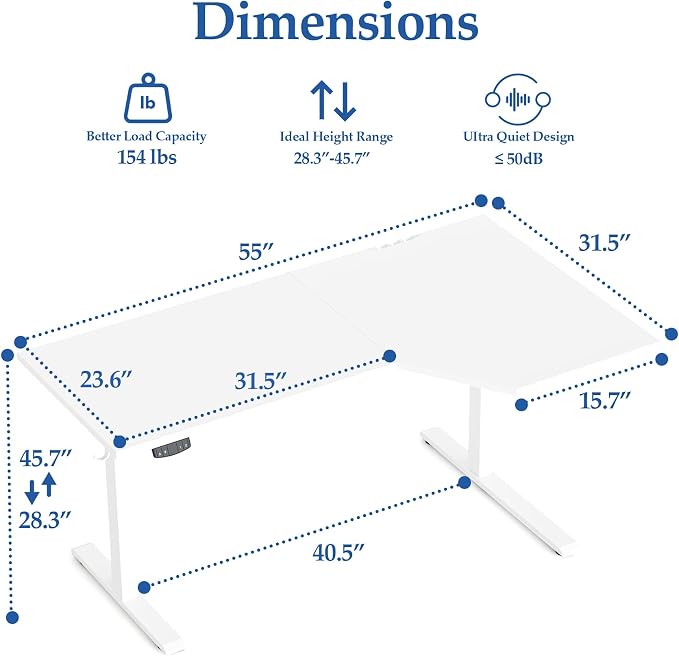 Klicelor L Shaped Standing Desk 55 x 31.5 Inch, Electric Height Adjustable Corner Desk for Home Office Workstation, Ergonomic Sit Stand Computer Table with Memory Controller, White
