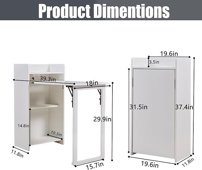 Fold Out Desk with Storage and Built-in Outlet, Mid Century Foldable Desk for Small Spaces, Hidden Folding Table for Home Office or Bedroom (White)