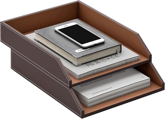 Leather Letter Tray, Thipoten Stackable Desk Organizer Holder for Office Supplies, Paper, File, Magazine, Perfect Office Organization for Desktop (Brown-2Tiers)