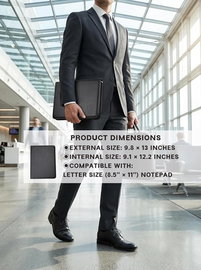 OOWOLF Professional PU Leather Zippered Portfolio with Included Letter Size Notepad, Business Padfolio & Document Organizer for Men & Women, Sleek Resume Folder for Interviews & Office, Black