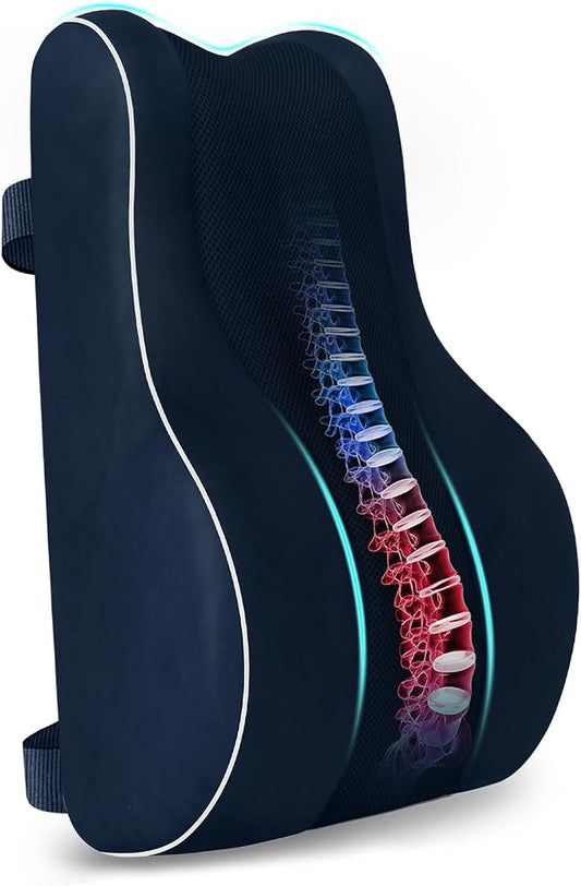 CloudBliss Lumbar Support Pillow, Memory Foam for Office, Standard, Blue | Ergonomic High-Density Memory Foam, Adjustable Straps, Washable Mesh Cover, Lower Back Support for Office, Gaming & Car Seat