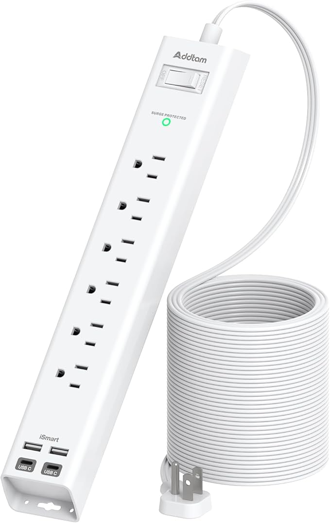 Addtam 15ft Power Strip Surge Protector, 6 Outlets and 4 USB Ports (2 USB C), 15 ft Long Extension Cord with Ultra Flat Plug, Wall Mount Desktop Charging Station for Home Office, Dorm Room