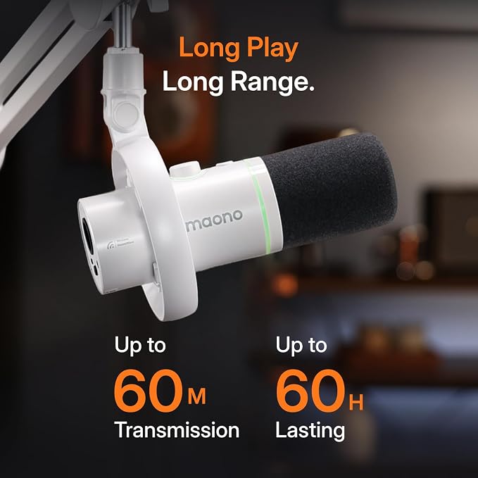 MAONO PD200W Hybrid Wireless Podcast Equipment Bundle for 2, XLR USB Dynamic Microphone Kit with 2 Desktop Stand, Software, Noise Cancellation, for Co-hosted, Podcasting, Content Creation,White
