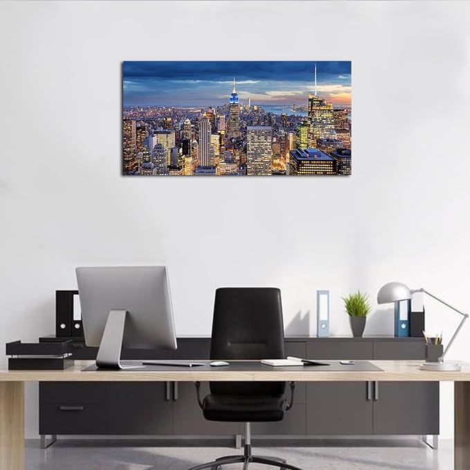 Large New York City Wall Art NYC Skyline Picture Office Wall Decor Modern Manhattan Cityscape Canvas Prints Night City Urban Skyscraper Panoramic Artwork for Bedroom Living Room Home Decoration 24x48"