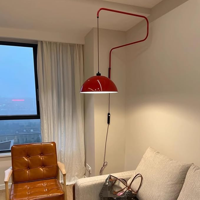 Modern Swing Arm Wall Sconce Plug in Red Wall Lamp Dome Shade Wall Mounted Long Arm Light Mid Century Bedside Reading Wall Light for Bedroom Living Room