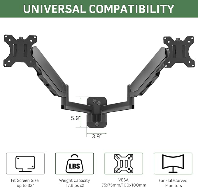 UPGRAVITY Dual Monitor Wall Mount, Double Monitor Wall Stand for Two 17-32 inch Flat Computer Screens, Height Adjustable Gas Spring Mounted Bracket Arms Hold up to 17.6lbs, VESA 75/100