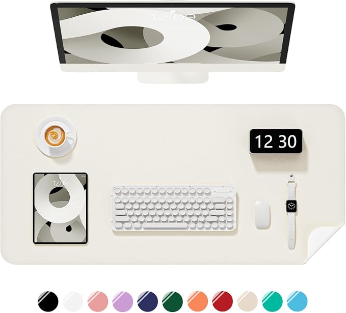 Desk Pad, 30" x 14" PU Leather Non-Slip Desk Mat Large Mouse Pad for Desktop, Waterproof Laptop Computer Writing Mat for Office, Home, Work, Gaming, Ivory White