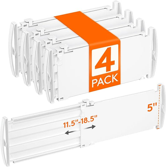 Lifewit 4 Pack 5" High Drawer Dividers for Clothes, 11.5"-18.5" Expandable Dresser Drawer Organizers, Adjustable White Plastic Separators for Kitchen, Cabinet, Nursery, Socks & Underwear Storage