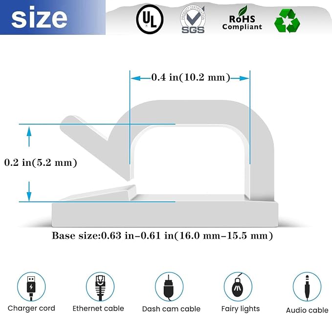 Cable Clips，100PCS Electrical Cord Management Adhesive Cable Wire Clip Wire Clips wall，Used for Cars, Offices, and Homes Cable Clips Cord Organizer (White)