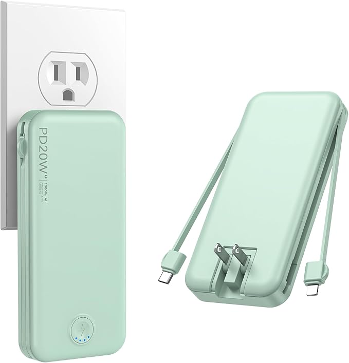 Nusyddy Portable Charger 10000mAh PD20W w/Built-in Cables & Wall Plug Green | PD20W Fast Charging, Battery Indicator, Pass Through Charging, TSA Approved, Compact/Slim, Power Bank for iPhone/iPad/Samsung