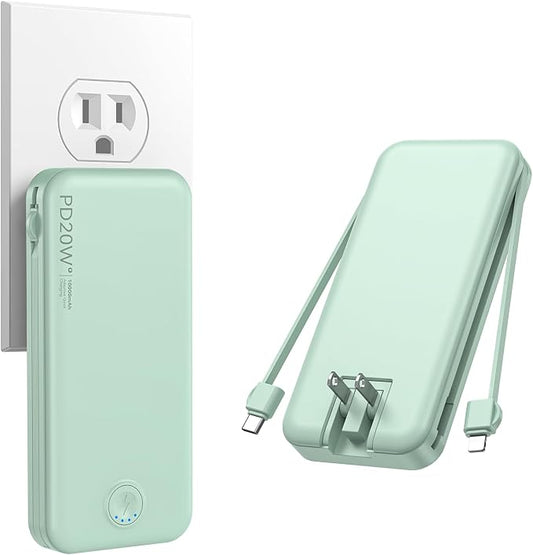 Nusyddy Portable Charger 10000mAh PD20W w/Built-in Cables & Wall Plug Green | PD20W Fast Charging, Battery Indicator, Pass Through Charging, TSA Approved, Compact/Slim, Power Bank for iPhone/iPad/Samsung