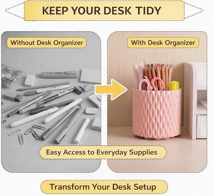 Pink Pen Holder for Desk, 360° Rotating Pencil Organizer, 5 Slots | Spinning multi-use organizer holds pens, makeup brushes, art supplies & markers — desk caddy for office, classroom or vanity