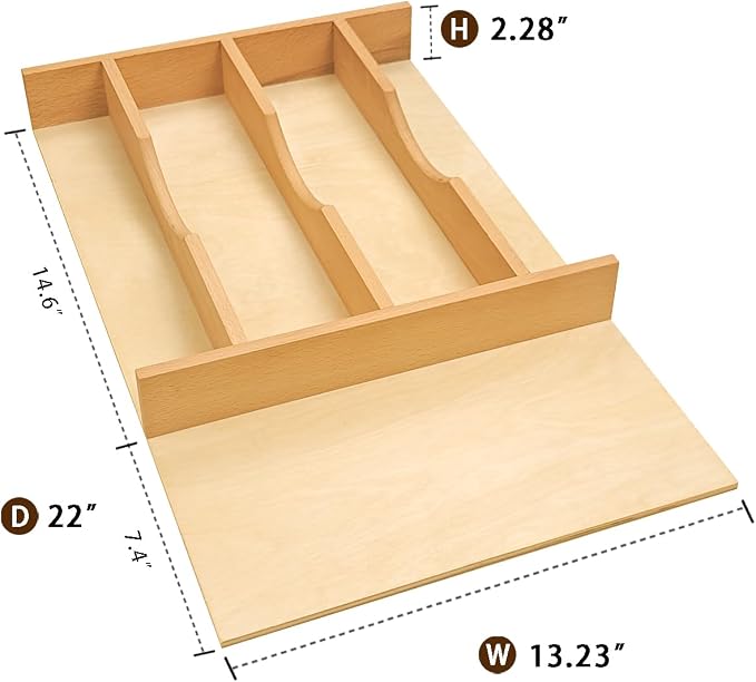 Silverware Drawer Organizer - Trim-to-Fit with Adjustable Dividers for Kitchen Utensil Storage, Beech Wood Frame with 11 Sizes (13.23" W x 22" D)