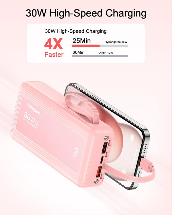 Portable Charger with Built-in Cables, 27000mAh Slim 30W Fast Charging Power Bank with LED Display, USB C Battery Pack 6 Outputs & 2 Inputs, Travel Essential Charger for iPhone, Samsung, Google etc