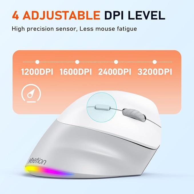 MEETION Ergonomic Mouse, Wireless Vertical Mouse RGB Backlit Rechargeable Mice for Bluetooth(5.2 + 3.0) & USB, 4 Adjustable DPI Mac/Windows/Andriod/Tablet/iPad Gray