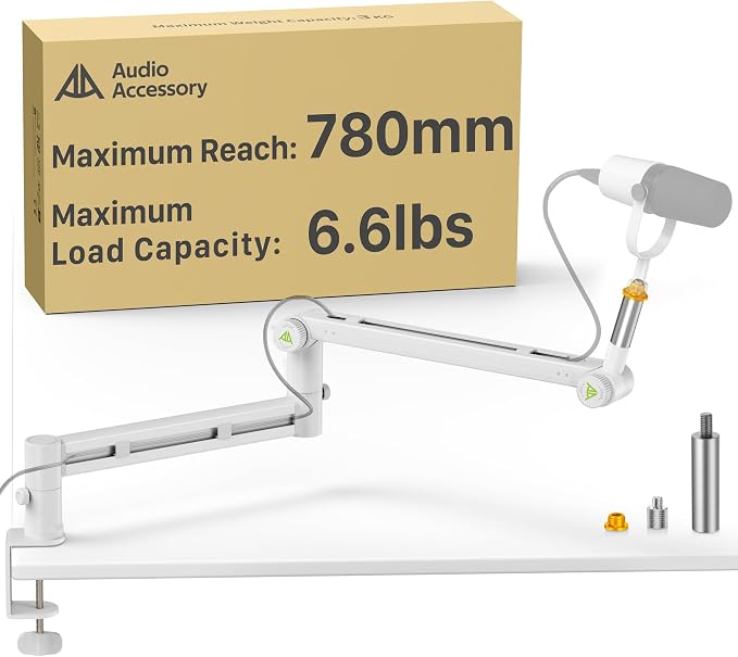AA AUDIO ACCESSORY White Boom Arm Low Profile (Design for Heavy Mic) 6.6lbs Load Capacity, Gear Lock Structure Never Sags, Metal Microphone Stand Desk Mount for Shure SM7B MV7+, Blue Yeti, Rode PodMic