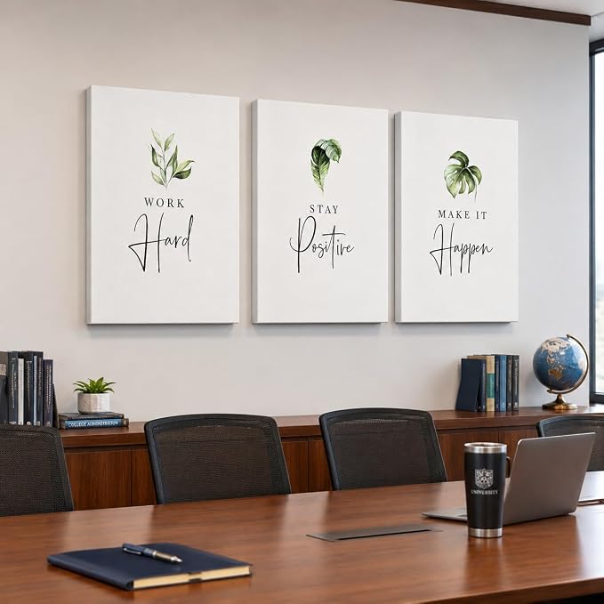 3 Piece Inspirational Wall Art, White Plants Sayings Picture, Quotes Work Stay Make it Canvas Prints for Office Decor, Triptych Entrepreneur Framed Artwork for Women Men Home Wall Decor (72" Wx36 H)