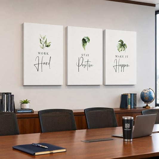 3 Piece Inspirational Wall Art, White Plants Sayings Picture, Quotes Work Stay Make it Canvas Prints for Office Decor, Triptych Entrepreneur Framed Artwork for Women Men Home Wall Decor (72" Wx36 H)