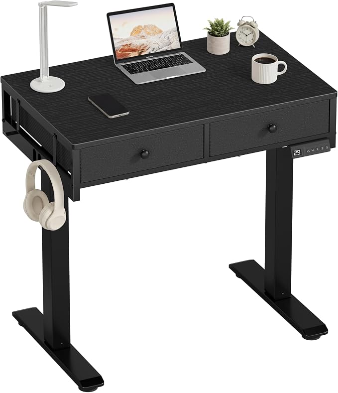 KLUVIS Black Sit Stand Desk with Drawers, 32 Inch Electric Standing Desk with Storage, Small Space Stand Up Computer Desks for Home Office Bedroom, Study Writing Desks for Walking Pad