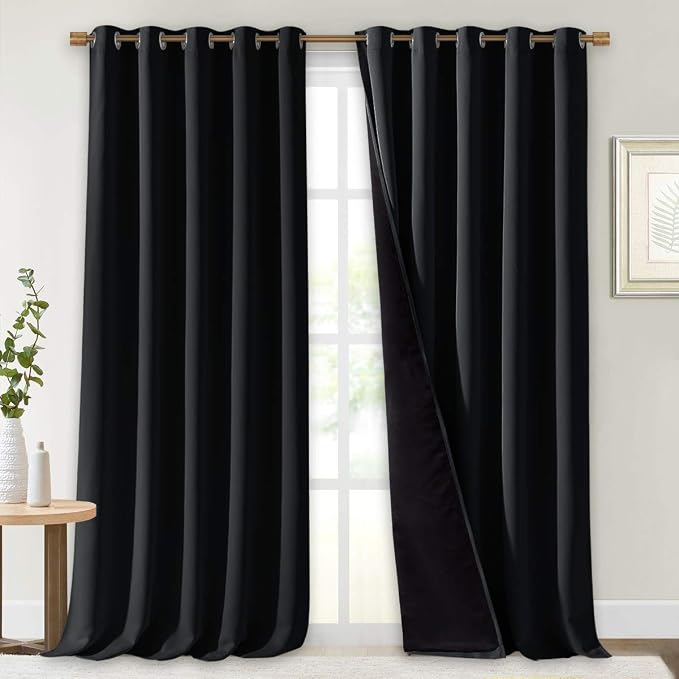 NICETOWN Cold Blocking 100% Blackout Curtains, Durable Black Lined Blackout Curtains for Bedroom, Energy Saving Long Curtains for Patio Sliding Glass Door, Black, 70 inches x 95 inches, 2 Panels