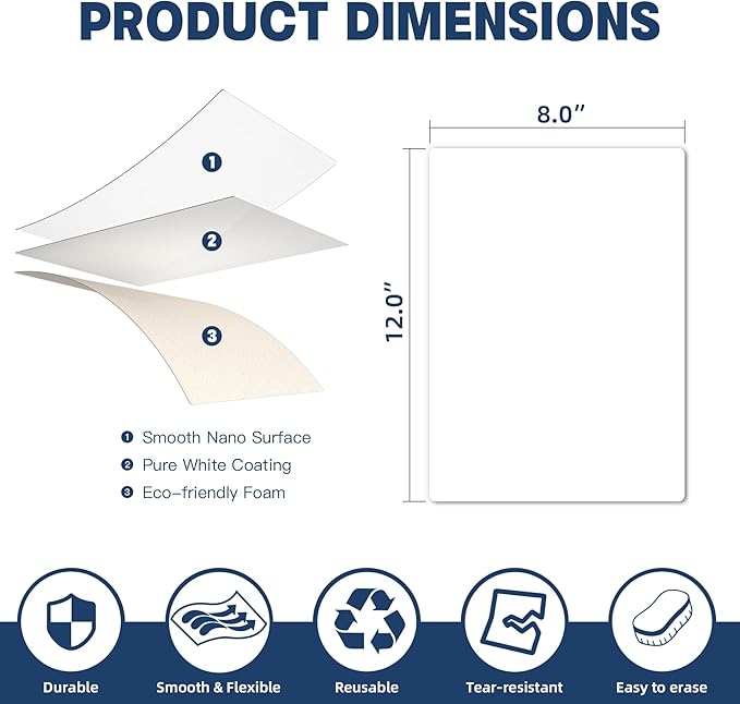 Dry Erase White Board, Small Dry Erase Sheet for Fridge, Non-Magnetic Whiteboard, 12" x 8" Reusable & Removable Whiteboard for Wall/Refrigerator/Door/Classroom(5 Sheets)