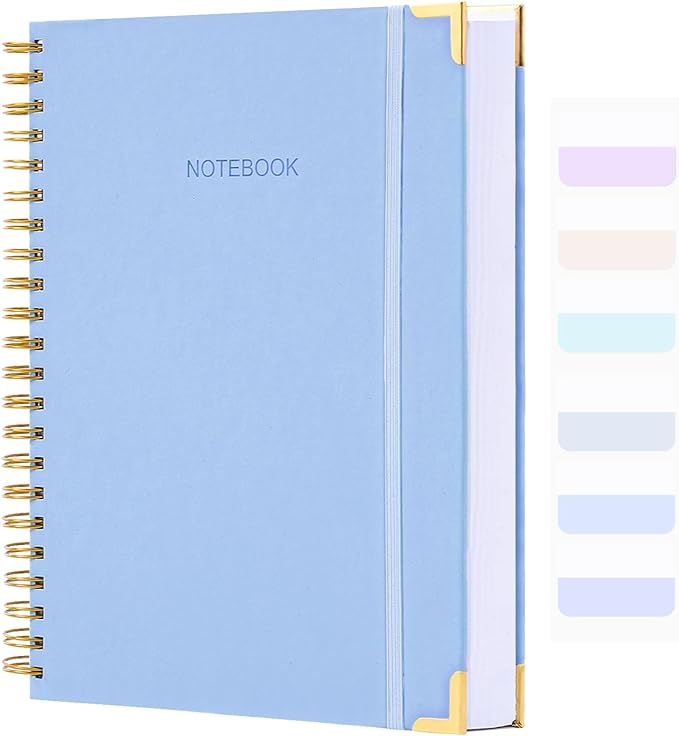Spiral Notebook, Dotted Notebook, 8.5" x 11", 300 Page Hardcover Large Dot Grid Notebook Journal for Bullet, Thick Paper Fights Ink Bleed, A4 Leather Journal for Women Men, 24 PCS Tabs, Light Blue