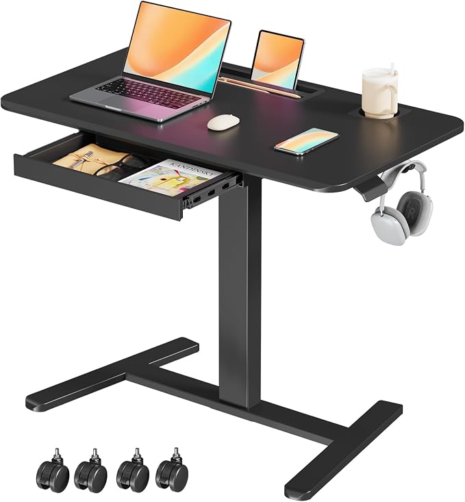 Mobile Standing Desk with Drawer, 35"×20" Small Desk, Black | Portable Laptop Workstation with Cup Holder and Hooks, Height Adjustable Rolling Desk with Wheels, Teacher Classroom Use